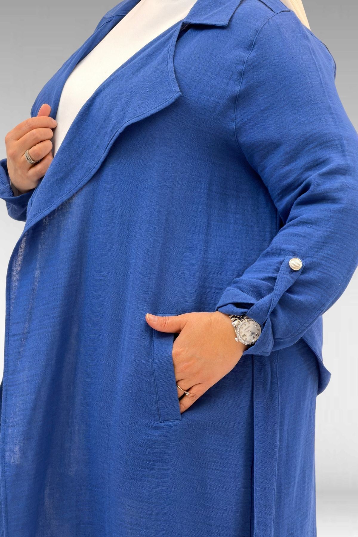 63006  Büyük Beden D Halka Detaylı Müslin Trençkot - İndigo