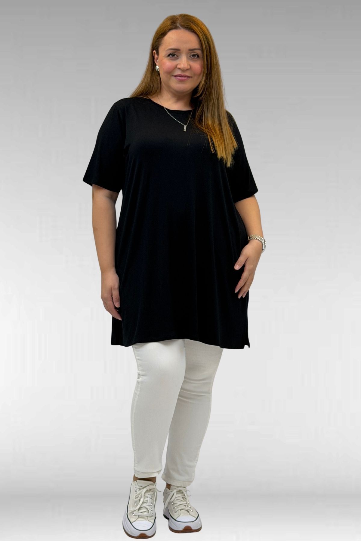 58507 Büyük Beden Yakası Biyeli Penye Tişört - Lacivert