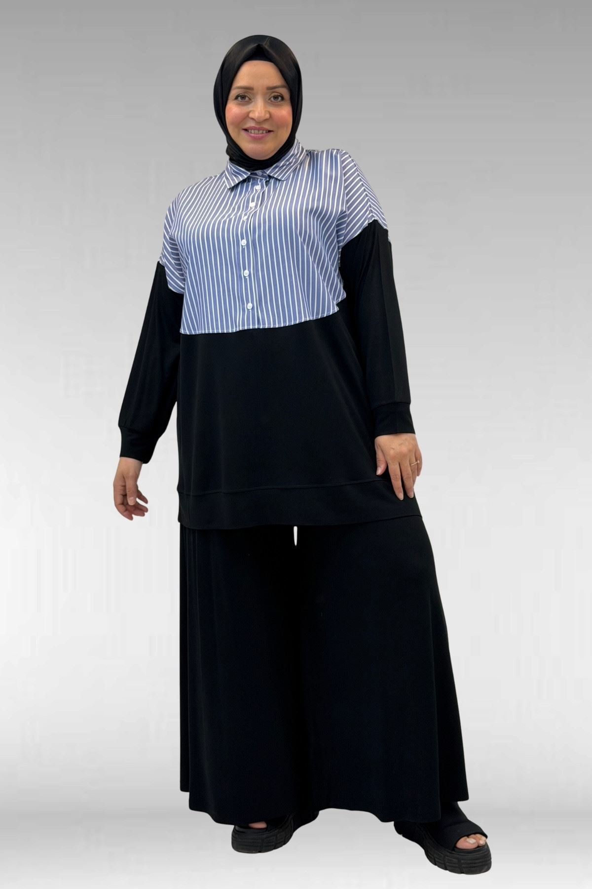 57016  Büyük Beden Erkek Yaka Kombinli Pantolonlu Takım - Siyah-Lacivert