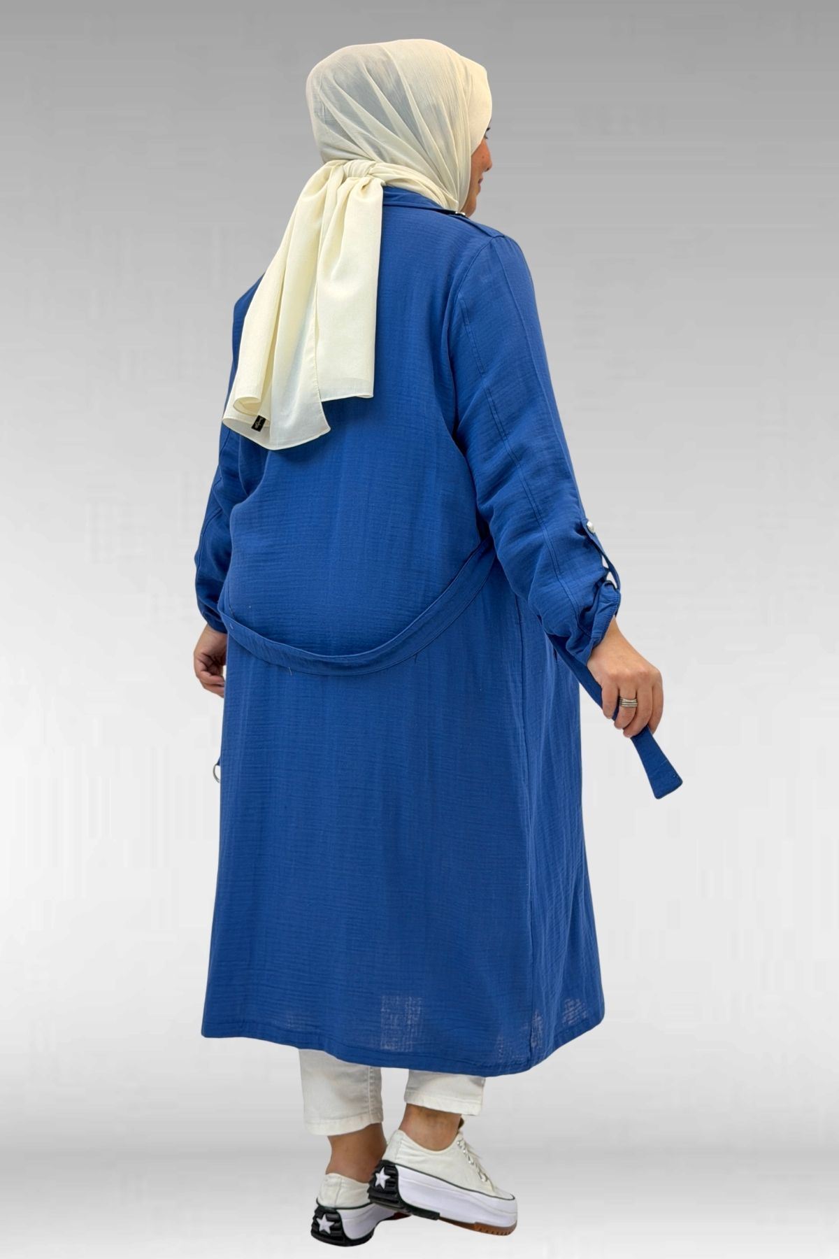 63006  Büyük Beden D Halka Detaylı Müslin Trençkot - İndigo