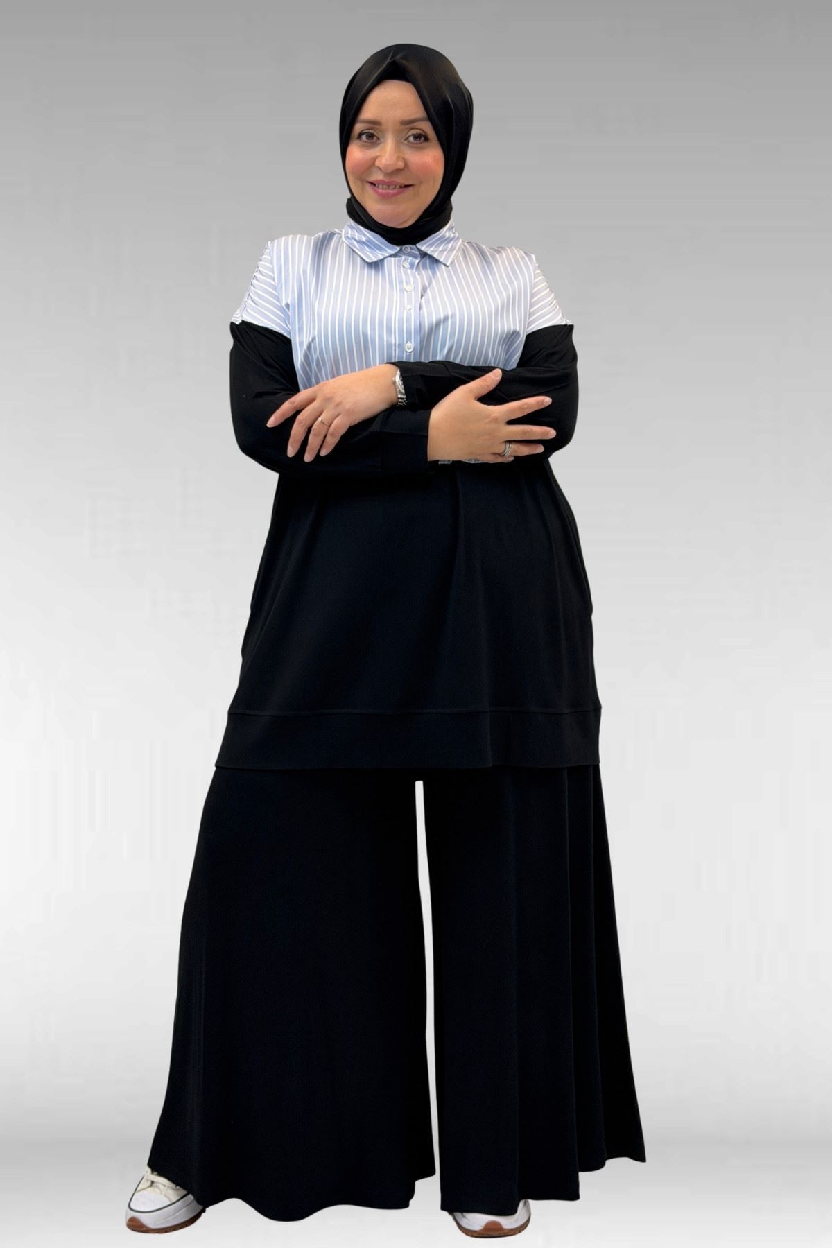 57016 Büyük Beden Erkek Yaka Kombinli Pantolonlu Takım - Siyah-Mavi