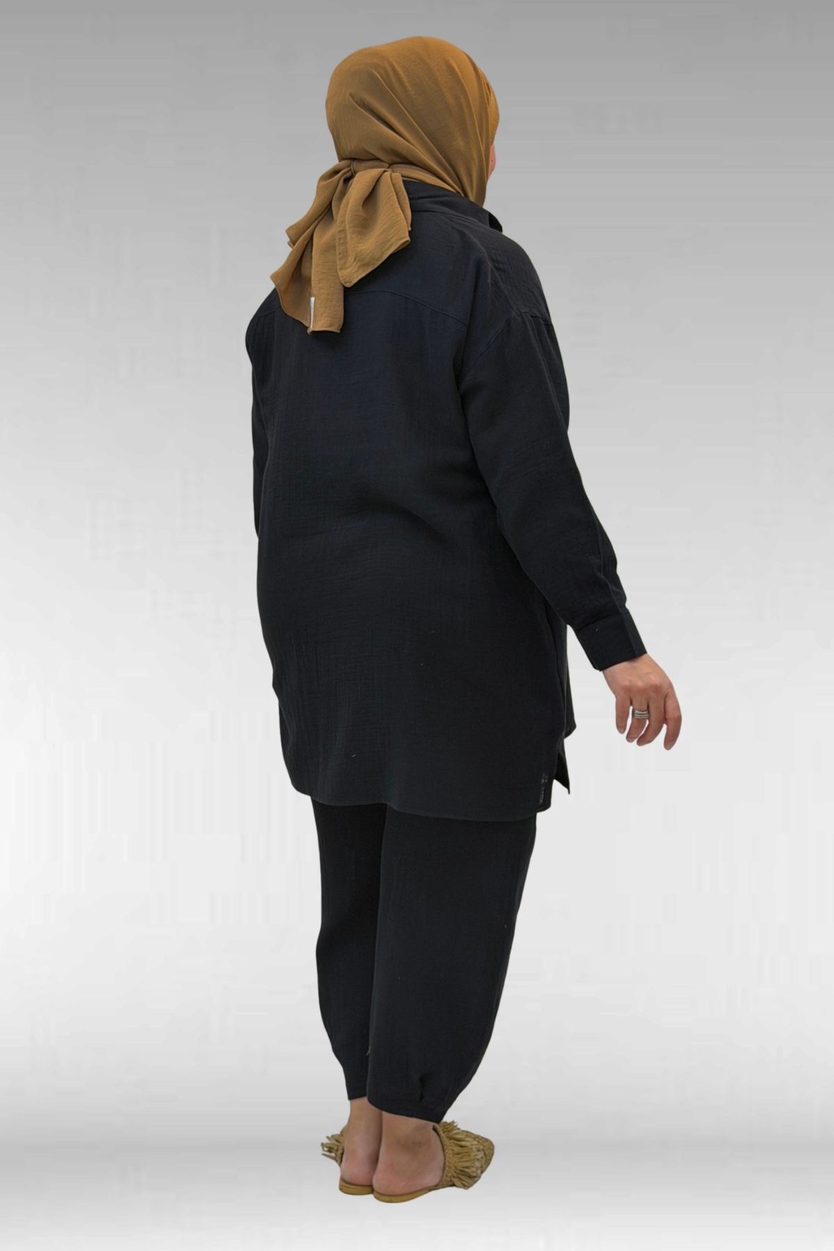 67036 Büyük Beden Cepli Düğmeli Müslin Pantolonlu Takım - Siyah