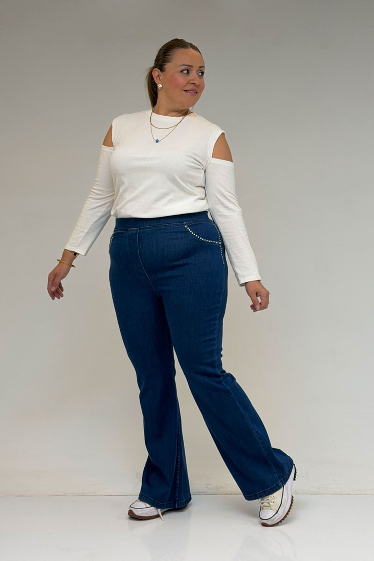 59041 Büyük Beden İspanyol  Taş Baskı Detaylı Kot Pantolon - Mavi