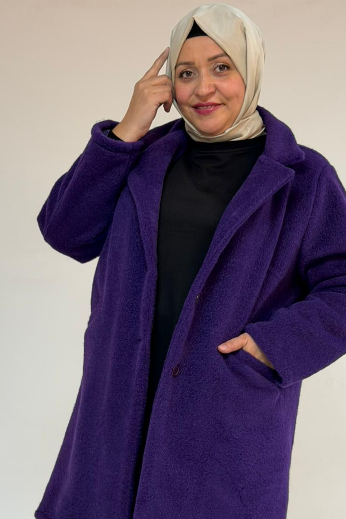 53051 Büyük Beden Keçe Kaban - Mor