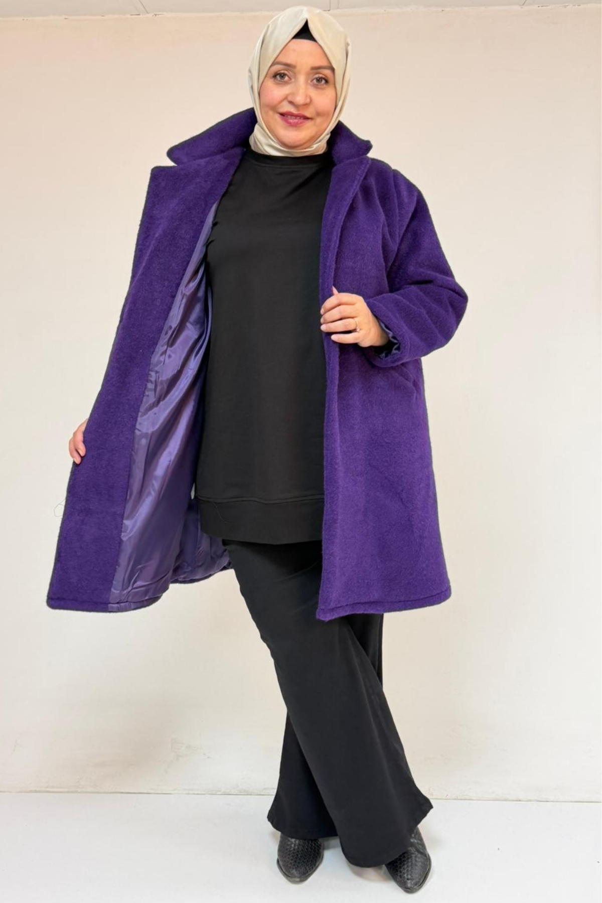 53051 Büyük Beden Keçe Kaban - Mor