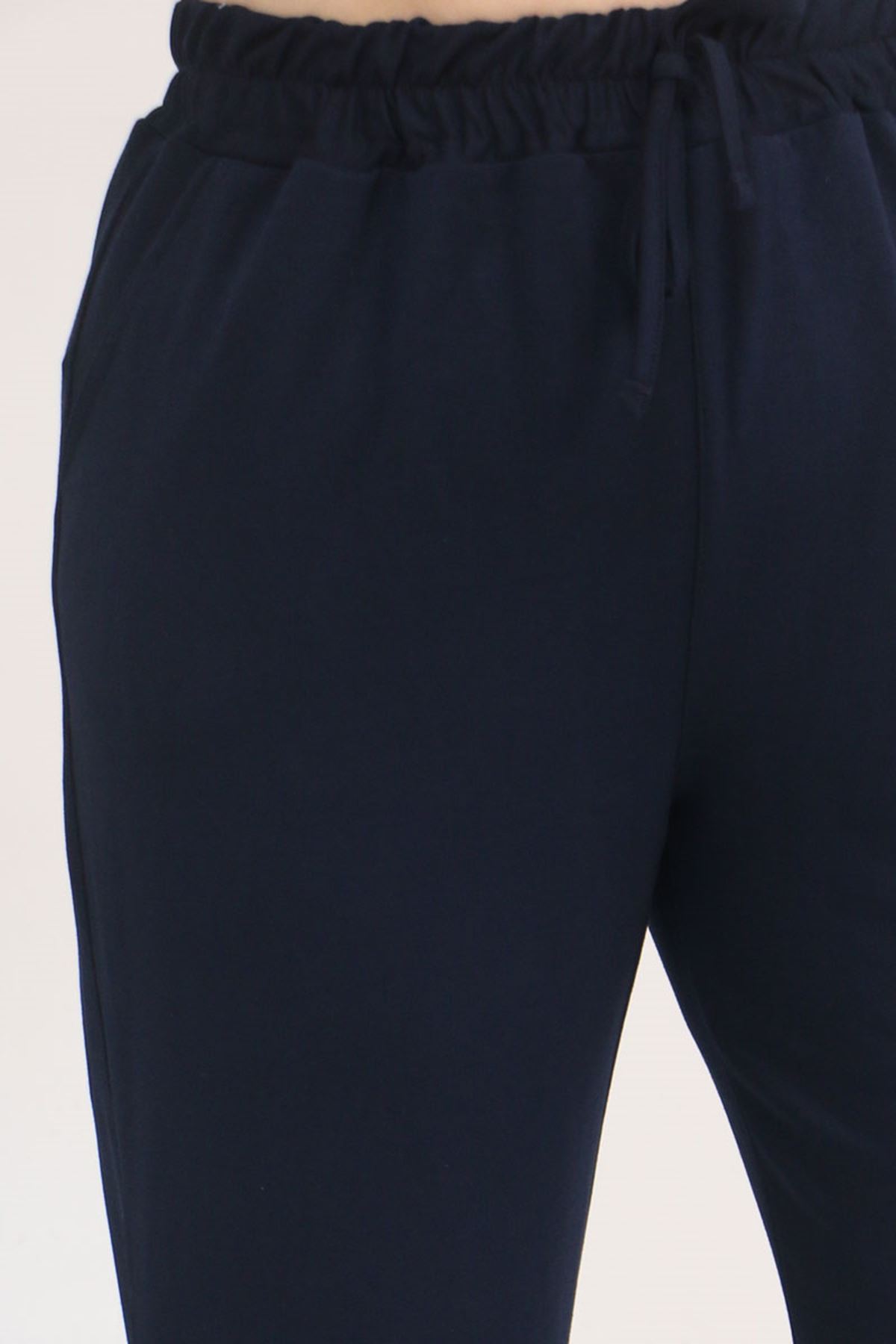 59027 Büyük Beden Paçasında İnci Çakma Modal Pantolon - Lacivert