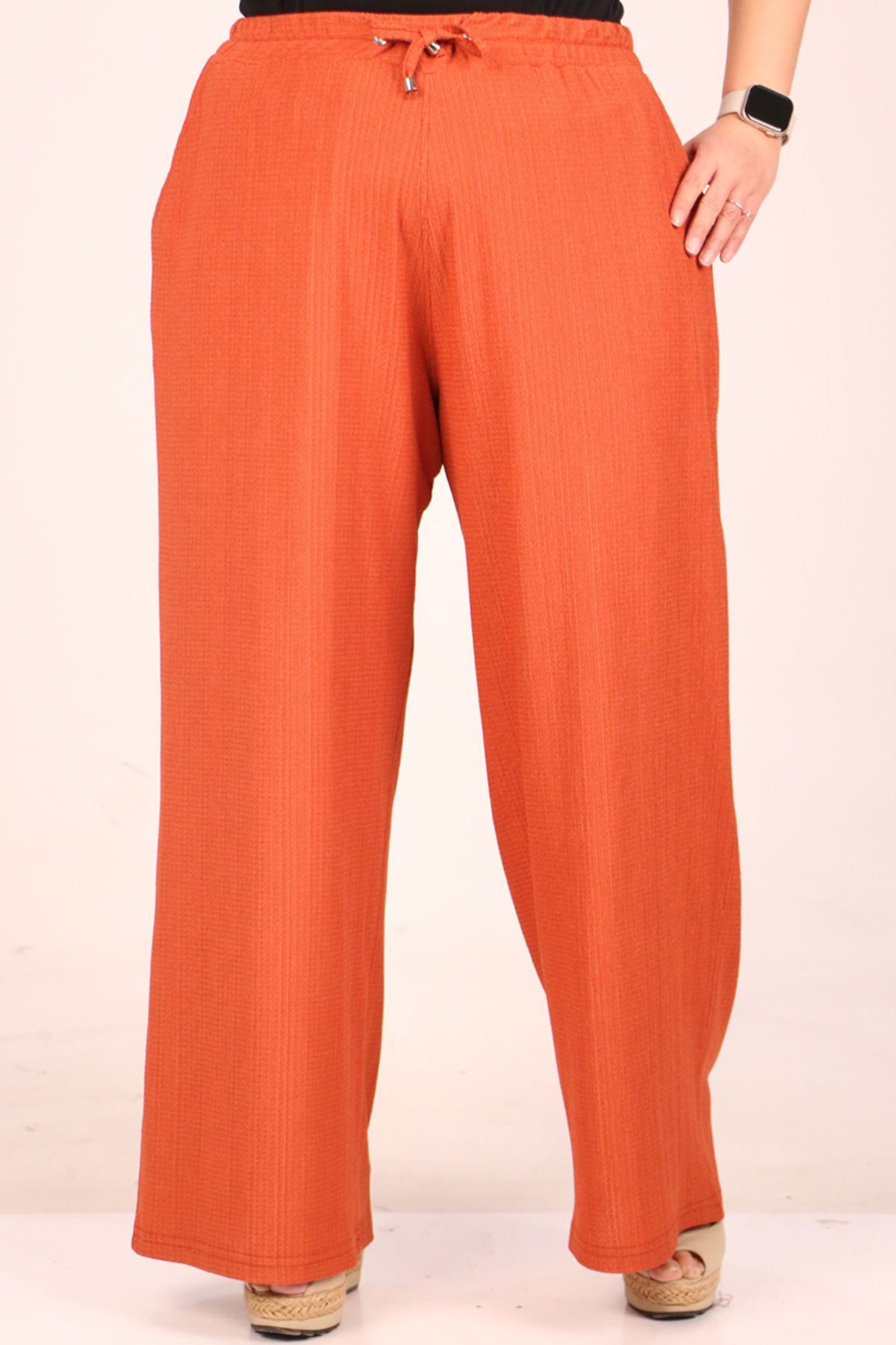 39012 Büyük Beden Bürümcük Bol Paça Pantolon-Kiremit