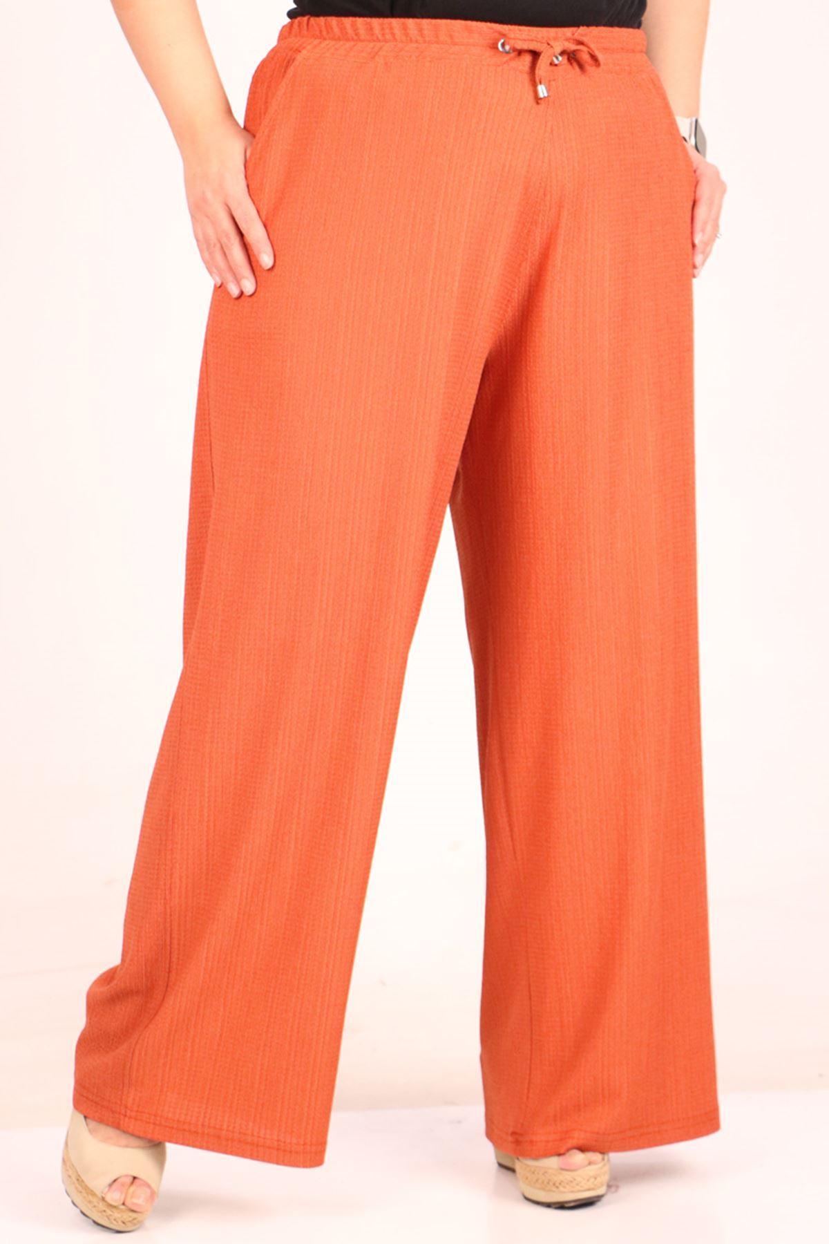 39012 Büyük Beden Bürümcük Bol Paça Pantolon-Kiremit