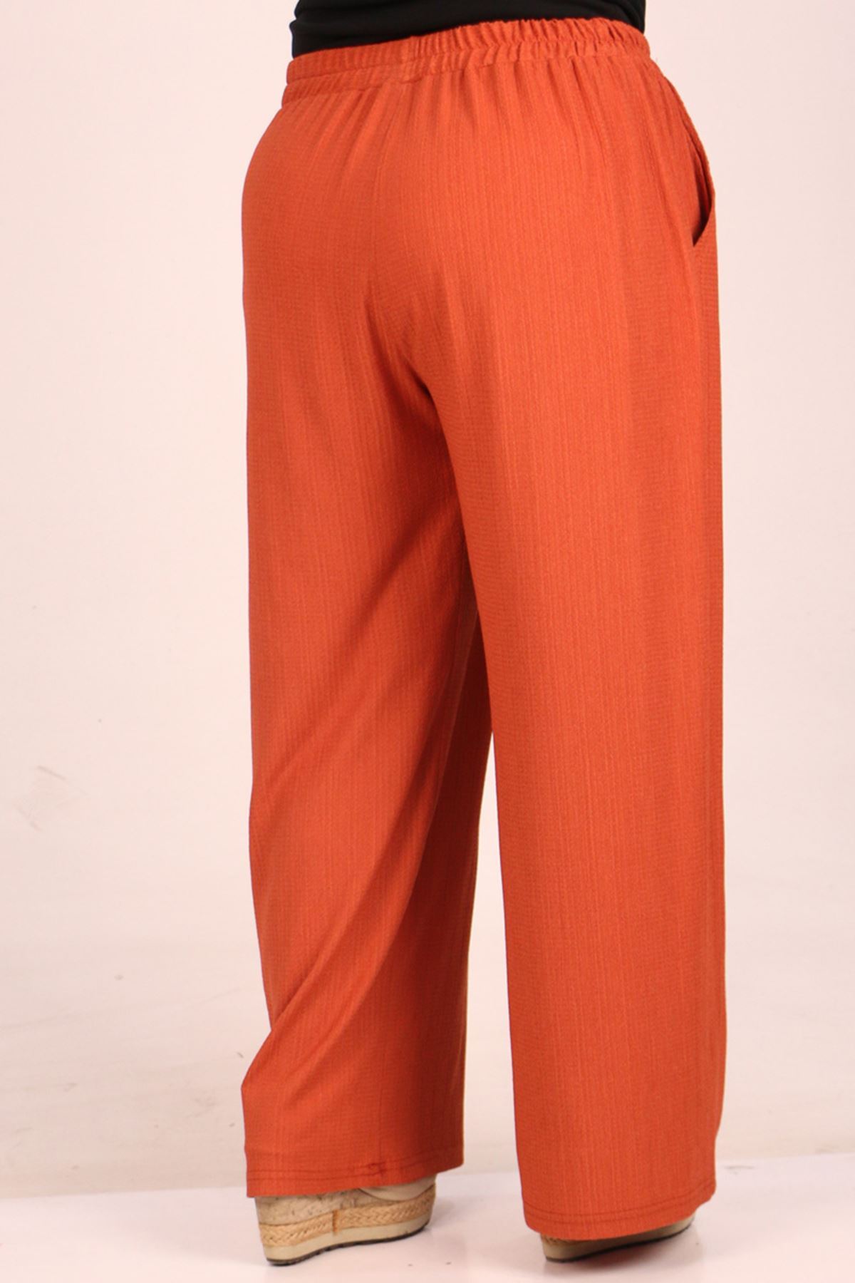 39012 Büyük Beden Bürümcük Bol Paça Pantolon-Kiremit