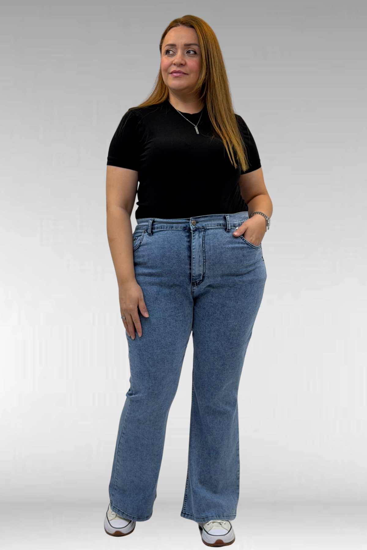 9110-11 Büyük Beden İspanyol Paça Kot Pantolon - Buz Mavi