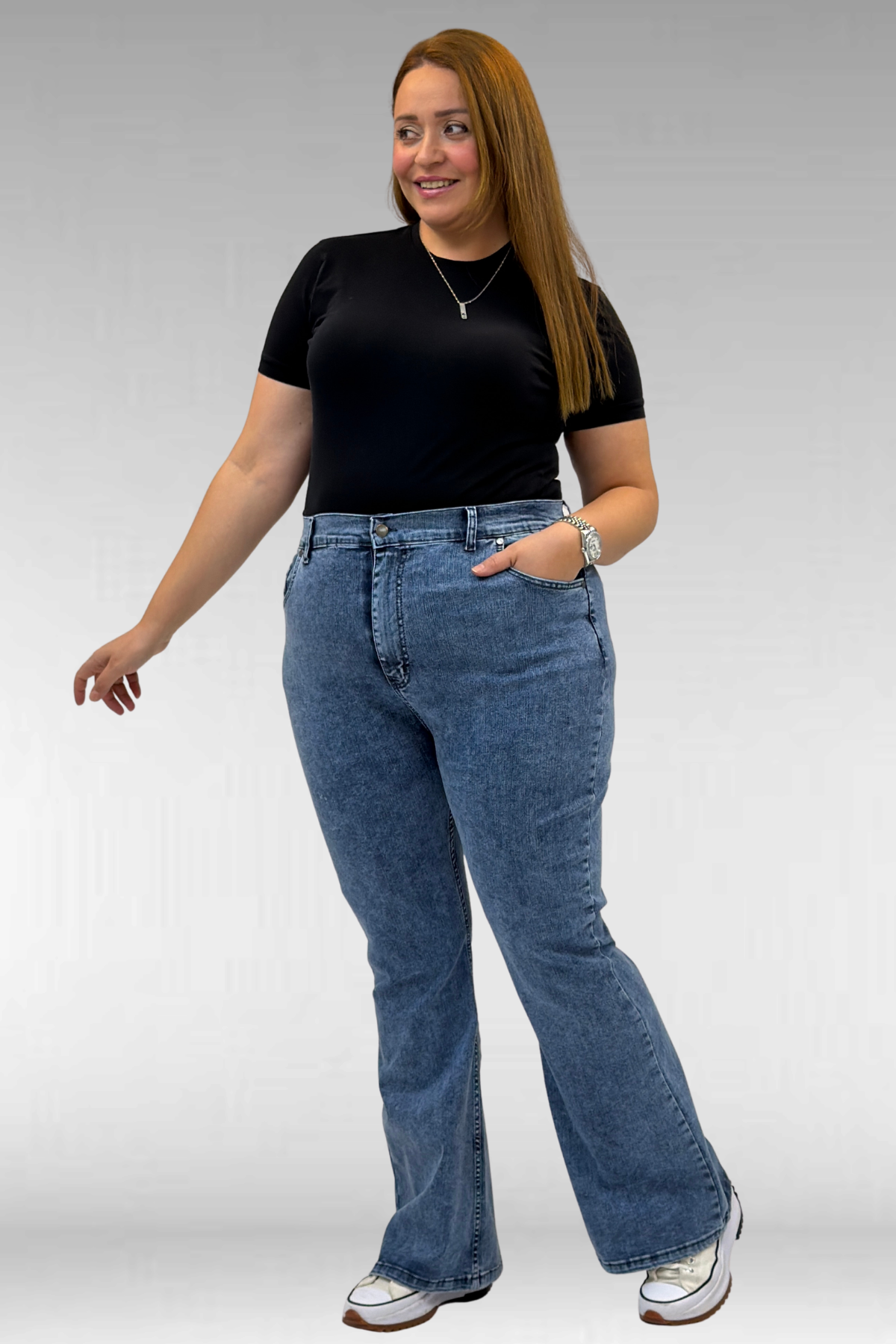 9110-11 Büyük Beden İspanyol Paça Kot Pantolon - Mavi