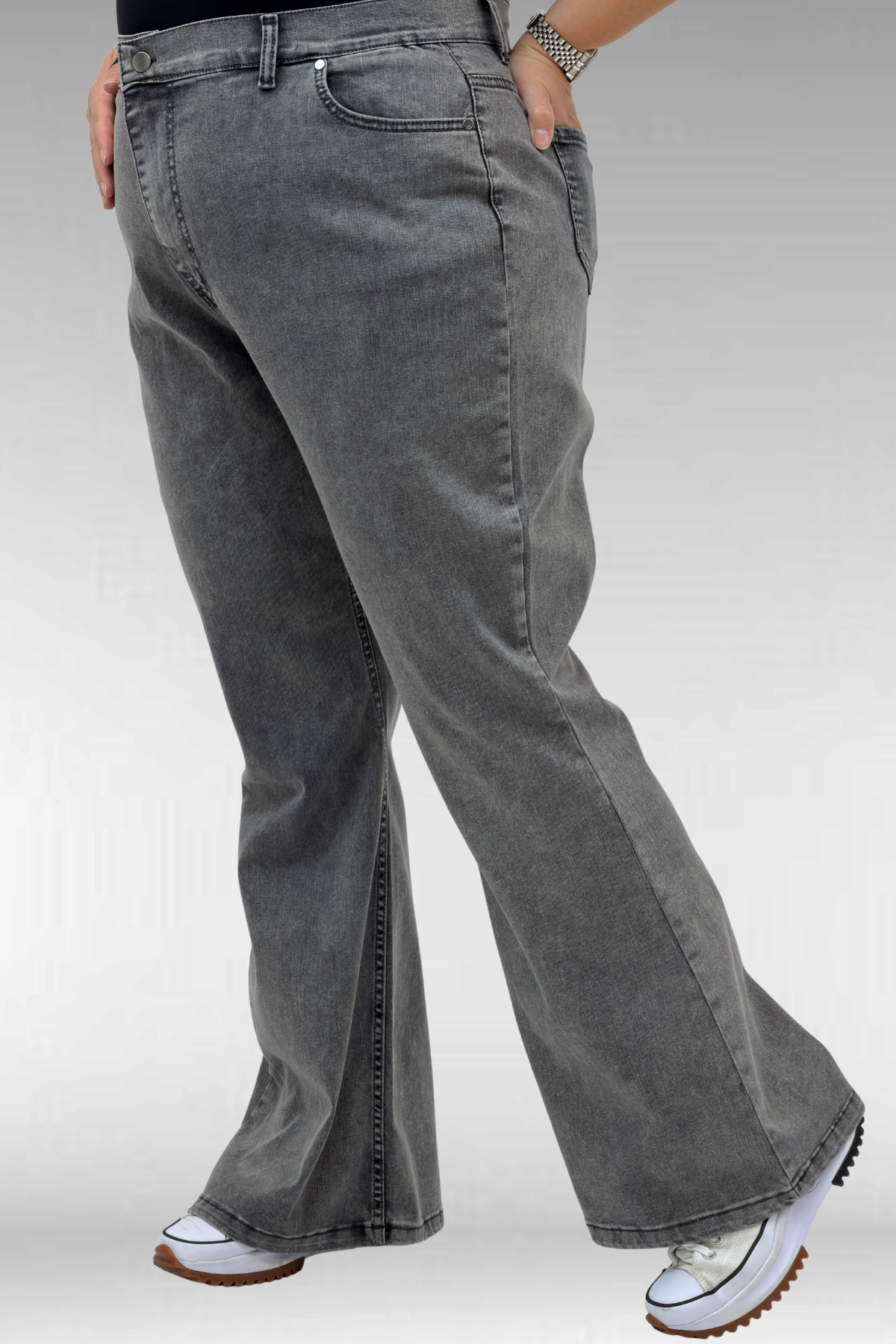 9110-11 Büyük Beden İspanyol Paça Kot Pantolon - Siyah