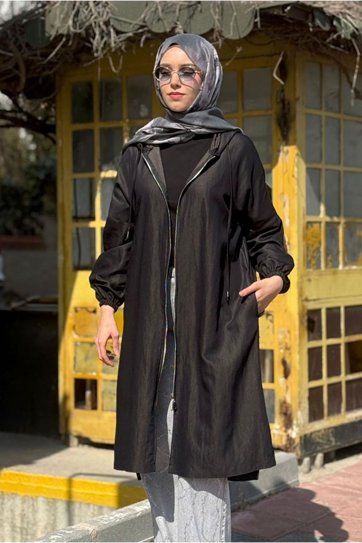 26Y7228 - KAHVE/SİYAH -  FERMUARLI KAPÜŞONLU KAP