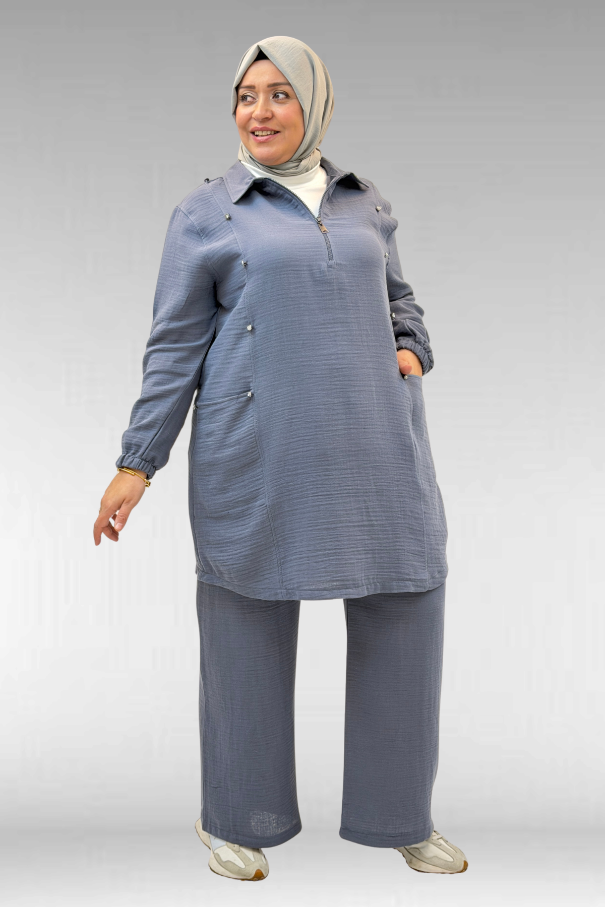 67020 Büyük Beden Yarım Fermuarlı Erkek Yakalı Müslin Pantolonlu Takım - Antrasit