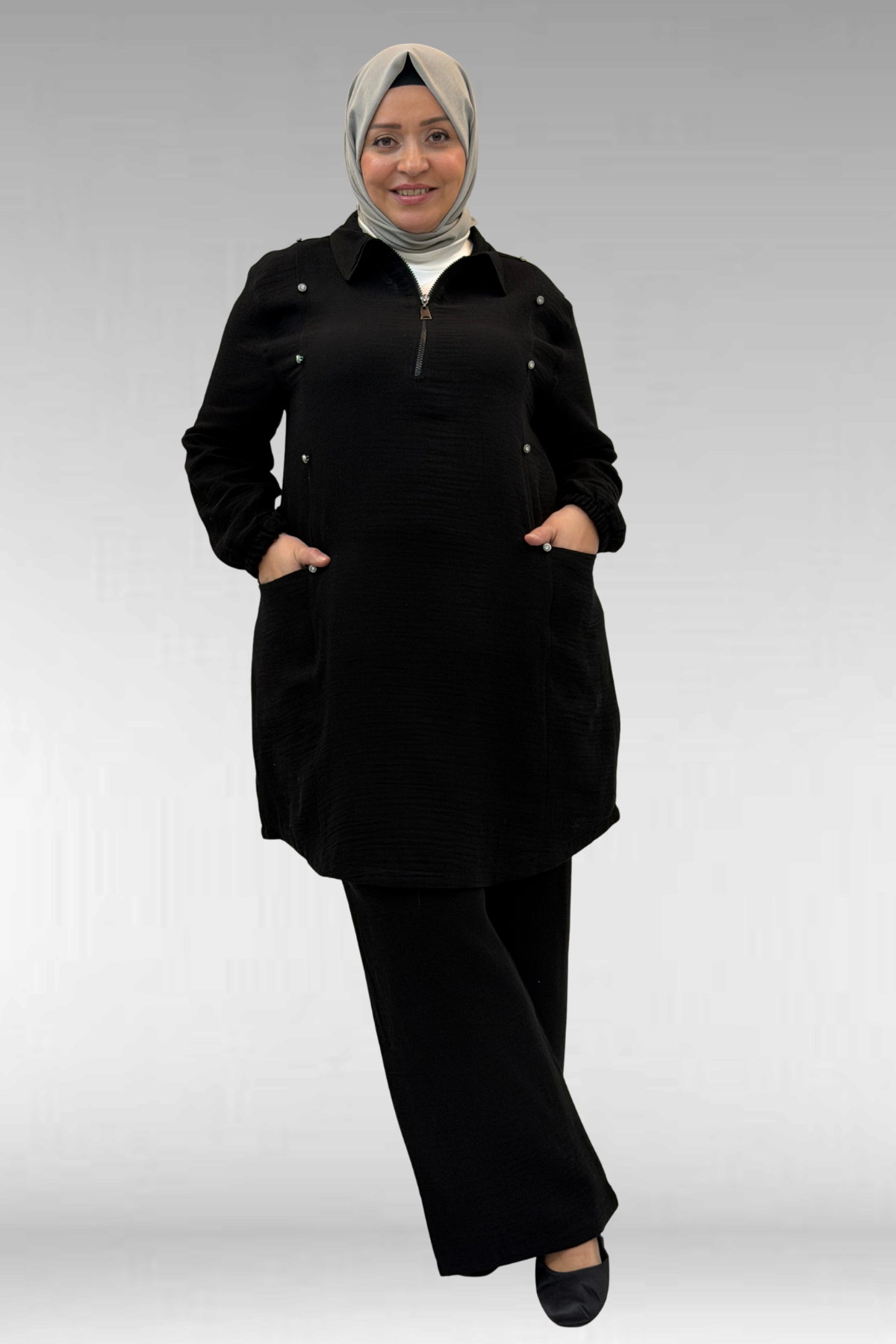 67020 Büyük Beden Yarım Fermuarlı Erkek Yakalı Müslin Pantolonlu Takım - Siyah