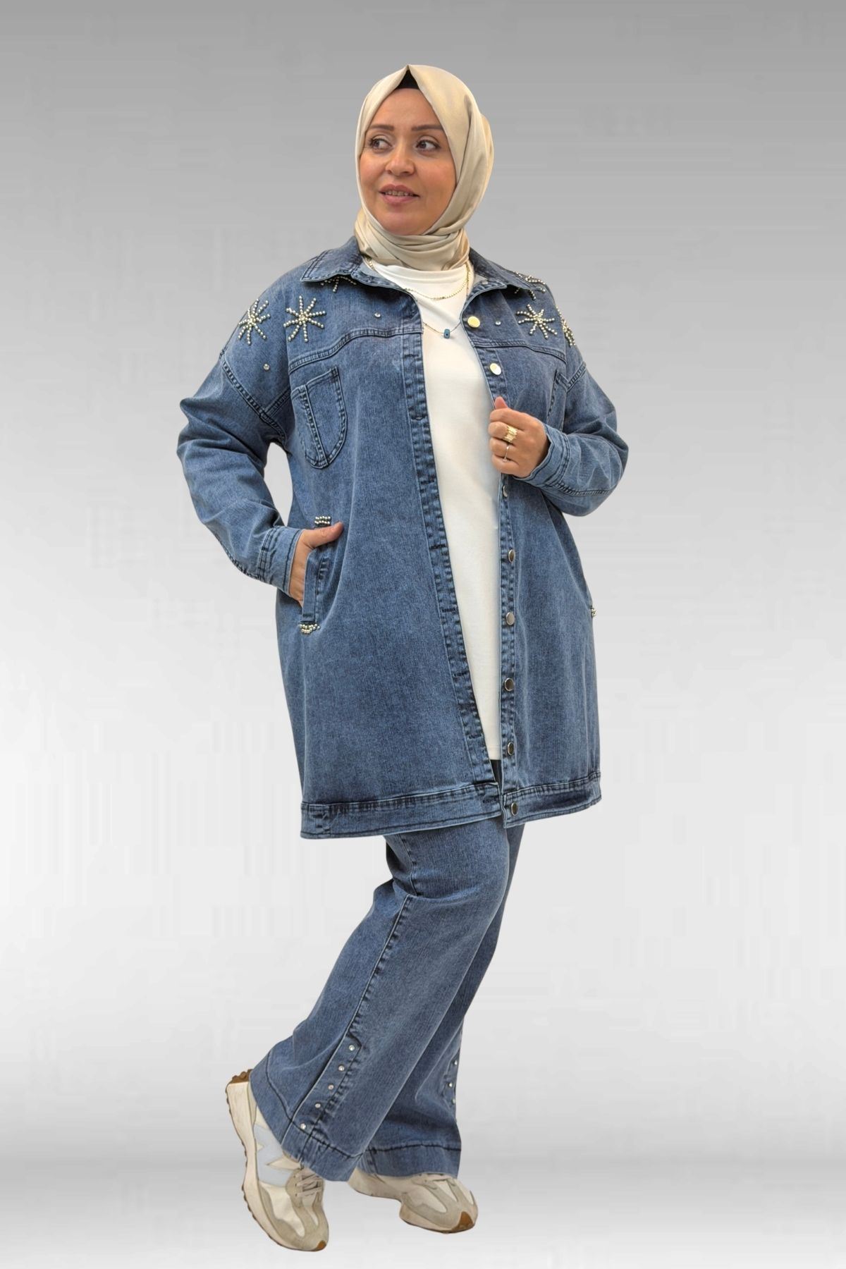 53022 Büyük Beden Yıldız İnci Çakma Detaylı Kot Ceket - Mavi