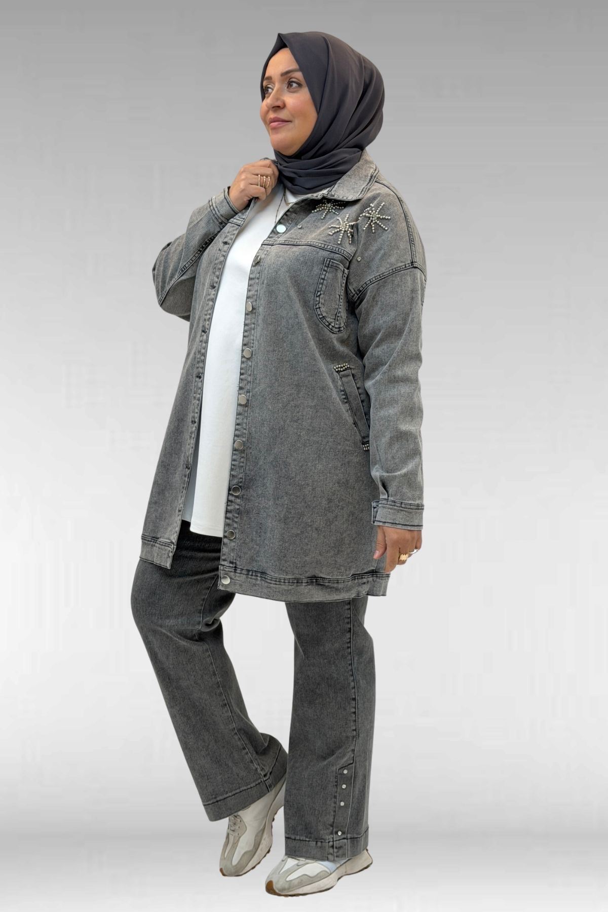53022 Büyük Beden Yıldız İnci Çakma Detaylı Kot Ceket - Antrasit