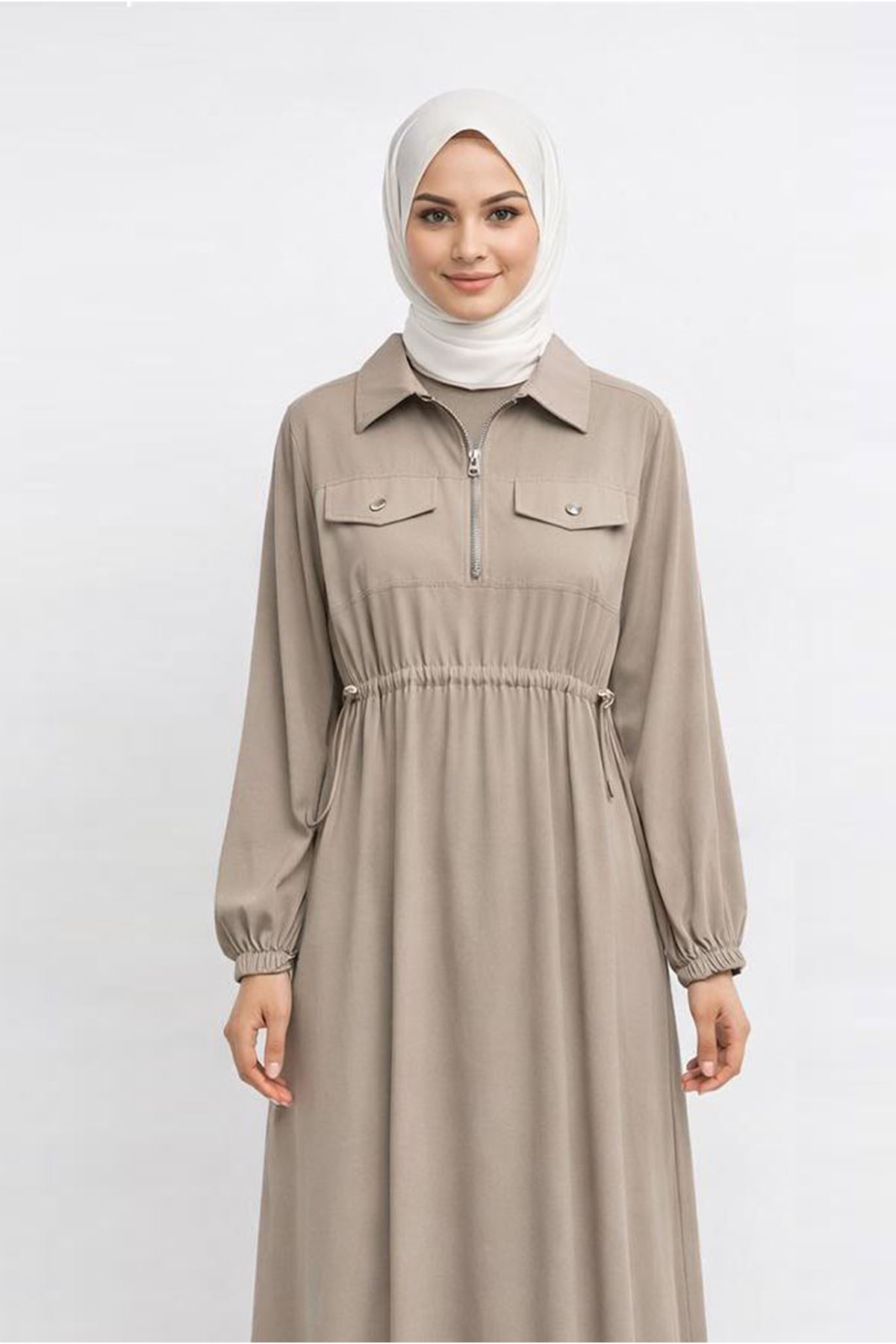 26Y7422 - VİZON - BELİ BÜZGÜ DETAY ELBİSE