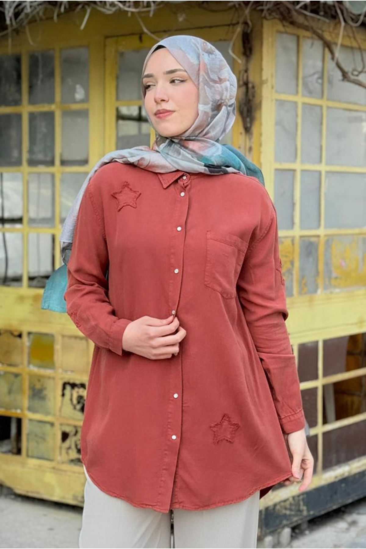 26Y6505 - KİREMİT - YILDIZ TENCEL GÖMLEK