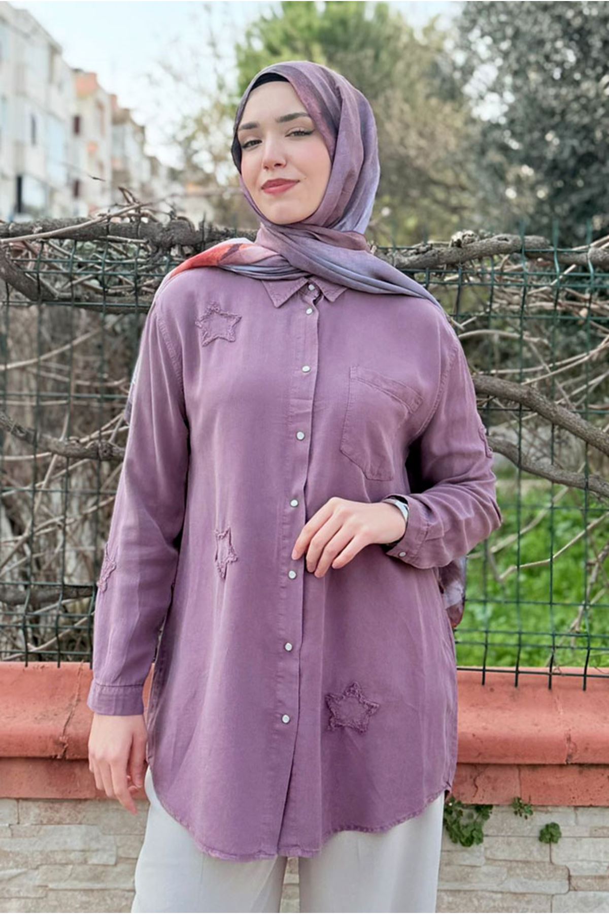 26Y6505 - LİLA - YILDIZ TENCEL GÖMLEK