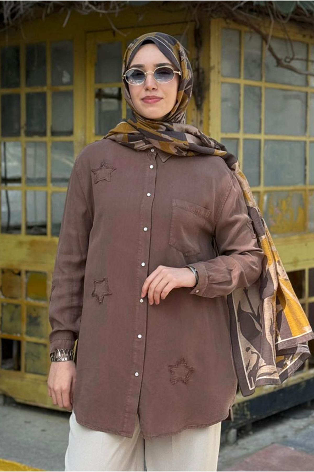 26Y6505 - VİZON - YILDIZ TENCEL GÖMLEK