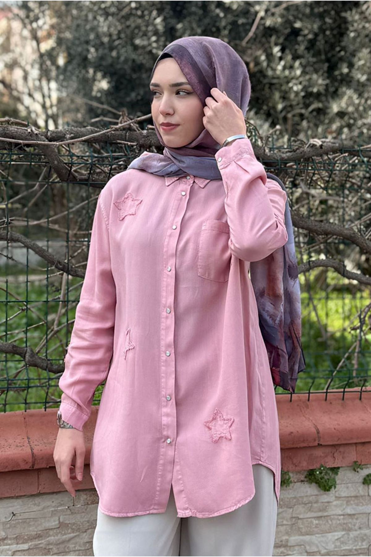 26Y6505 - PEMBE - YILDIZ TENCEL GÖMLEK 