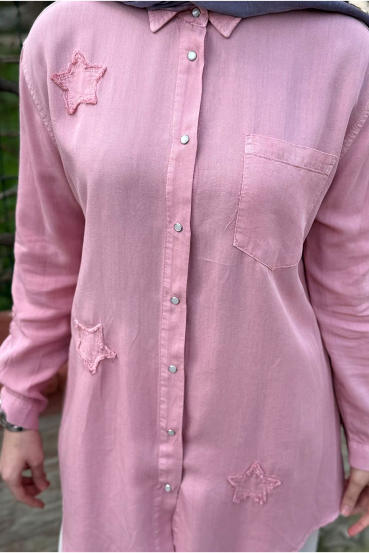 26Y6505 - PEMBE - YILDIZ TENCEL GÖMLEK 