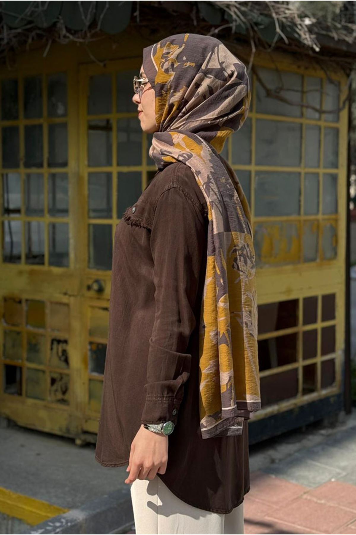 26Y7096 -  KAHVE - PÜSKÜL CEP DETAY TENCEL GÖMLEK