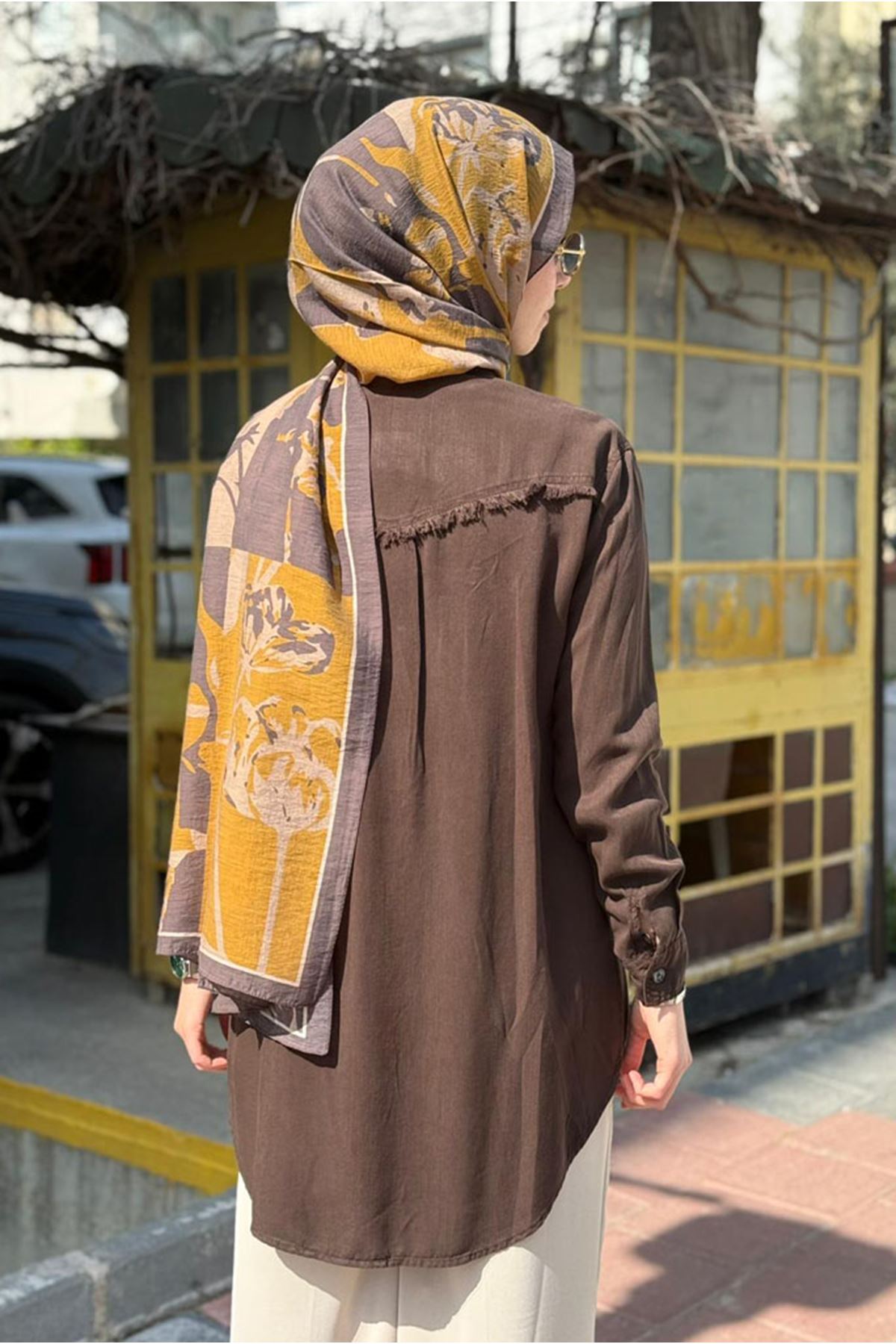 26Y7096 -  KAHVE - PÜSKÜL CEP DETAY TENCEL GÖMLEK