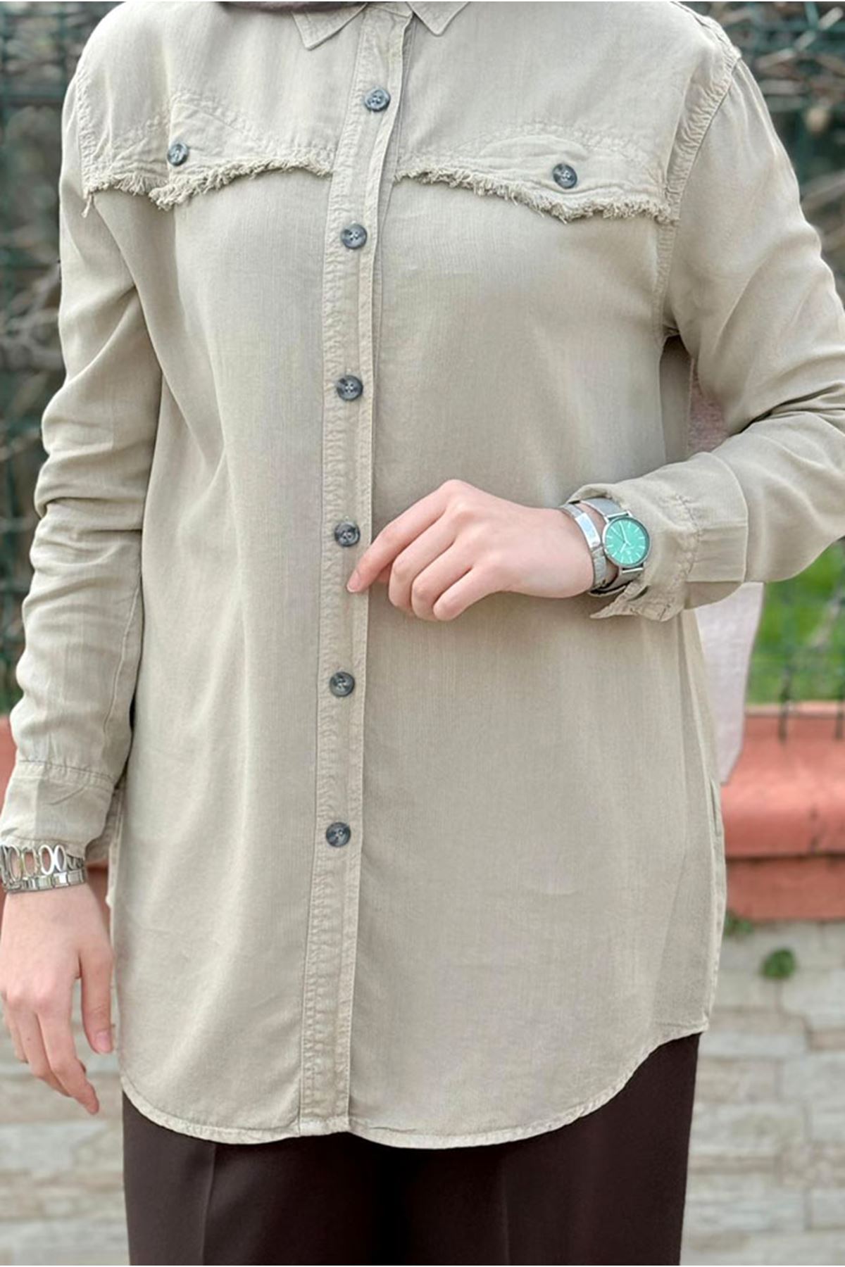 26Y7096 -  VİZON - PÜSKÜL CEP DETAY TENCEL GÖMLEK