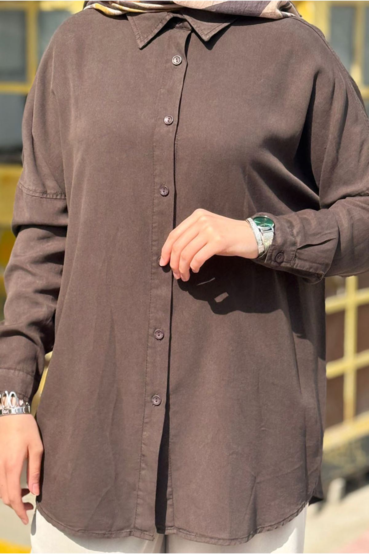 26Y7088 - KAHVE - BASİC TENCEL GÖMLEK 