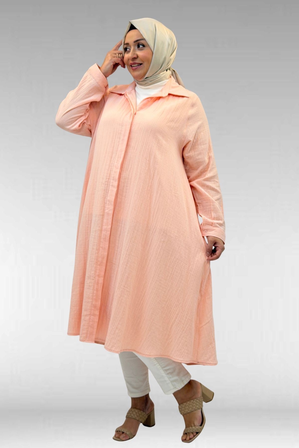 58093 Büyük Beden Mevlana Kesim Müslin Gömlek - Toz Pembe