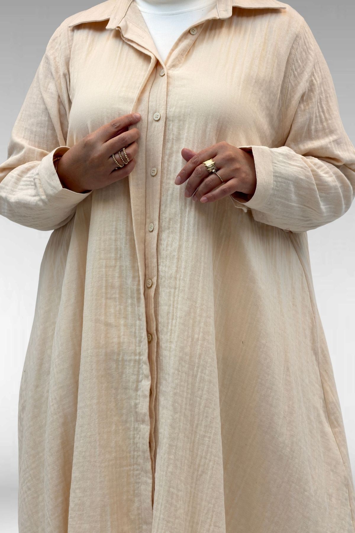 58093 Büyük Beden Mevlana Kesim Müslin Gömlek - Krem