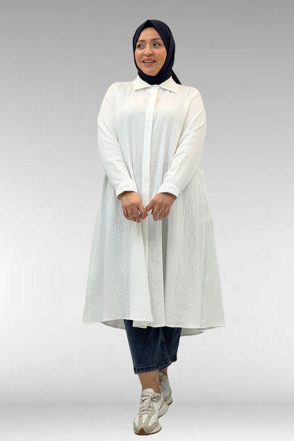 58093 Büyük Beden Mevlana Kesim Müslin Gömlek - Ekru