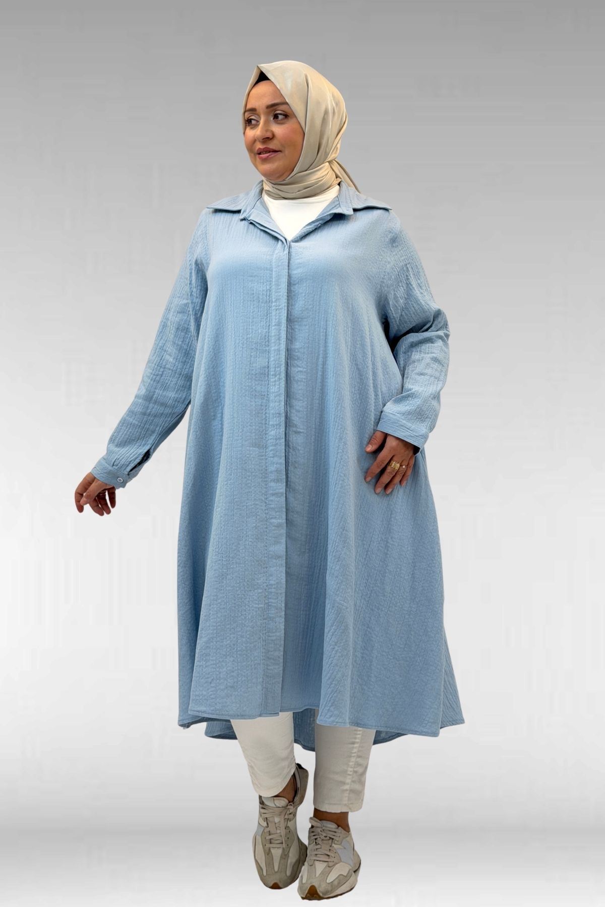 58093 Büyük Beden Mevlana Kesim Müslin Gömlek - Bebe Mavi