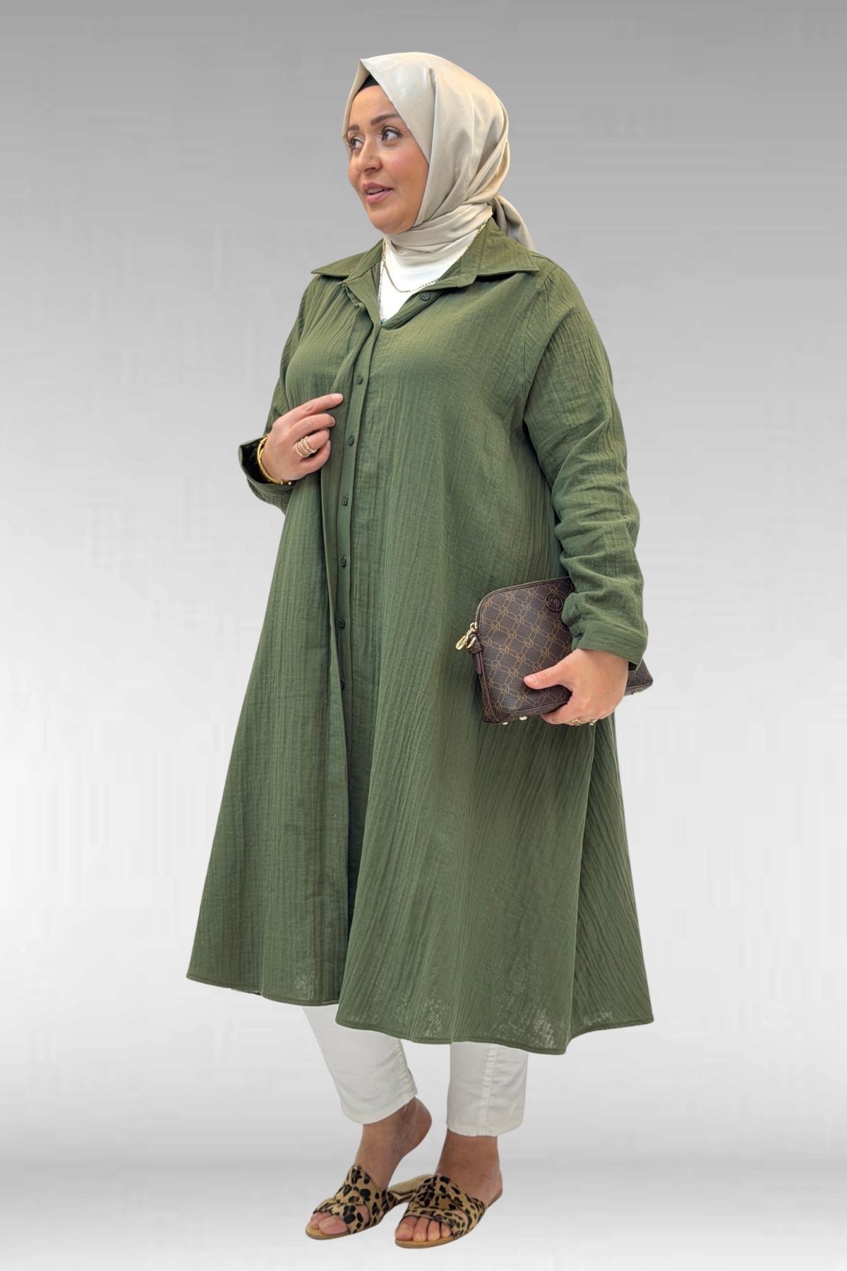 58093 Büyük Beden Mevlana Kesim Müslin Gömlek - Haki