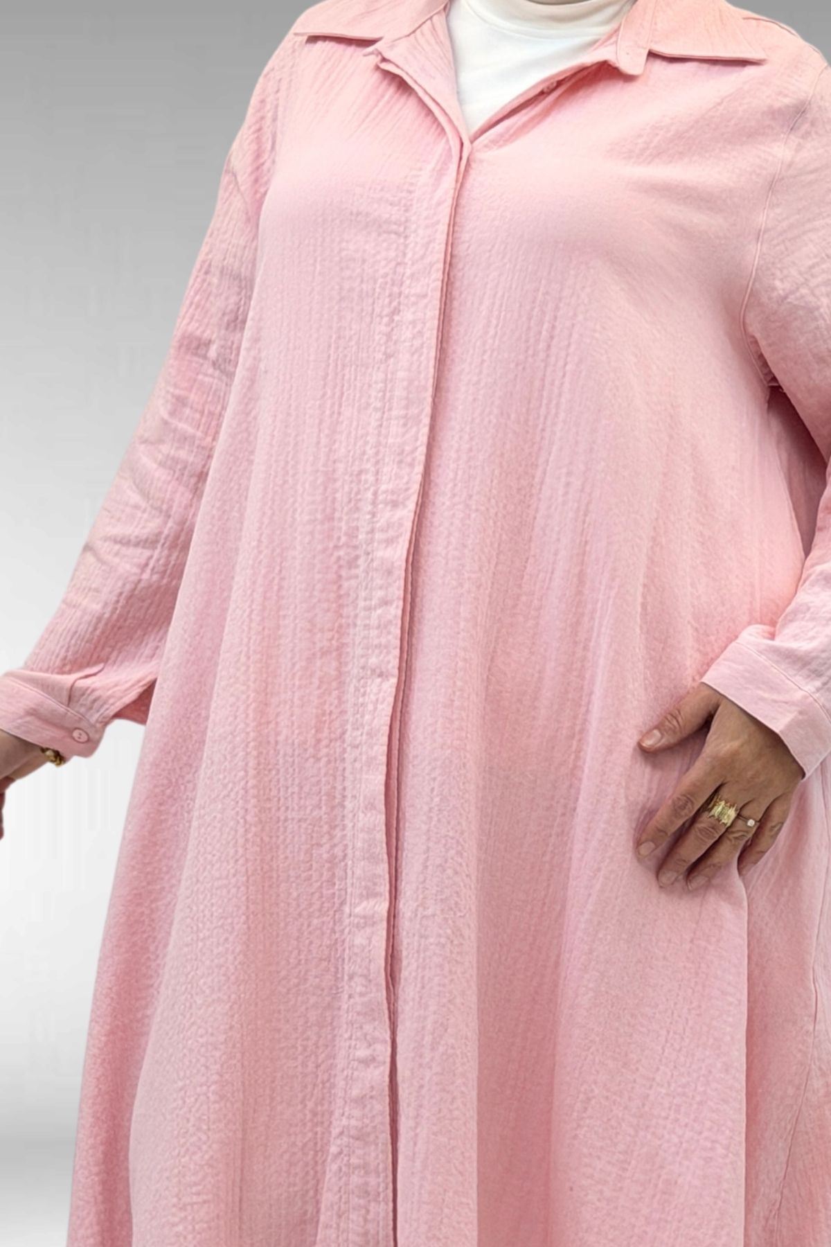 58093 Büyük Beden Mevlana Kesim Müslin Gömlek - Şeker Pembesi