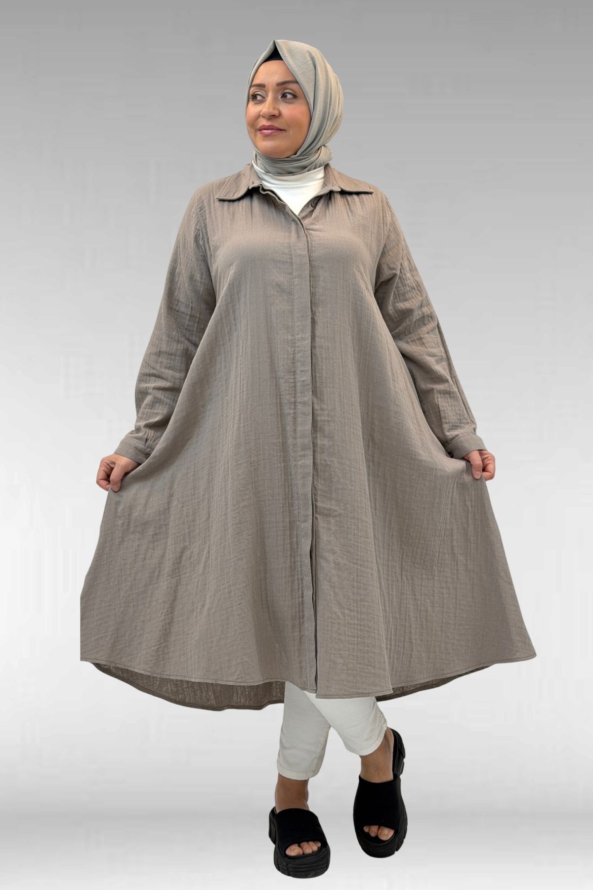 58093 Büyük Beden Mevlana Kesim Müslin Gömlek - Vizon