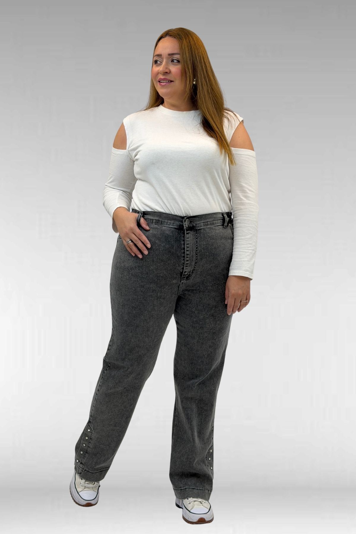 59024 Büyük Beden Paçasında Taş Detaylı Kot Pantolon - Antrasit