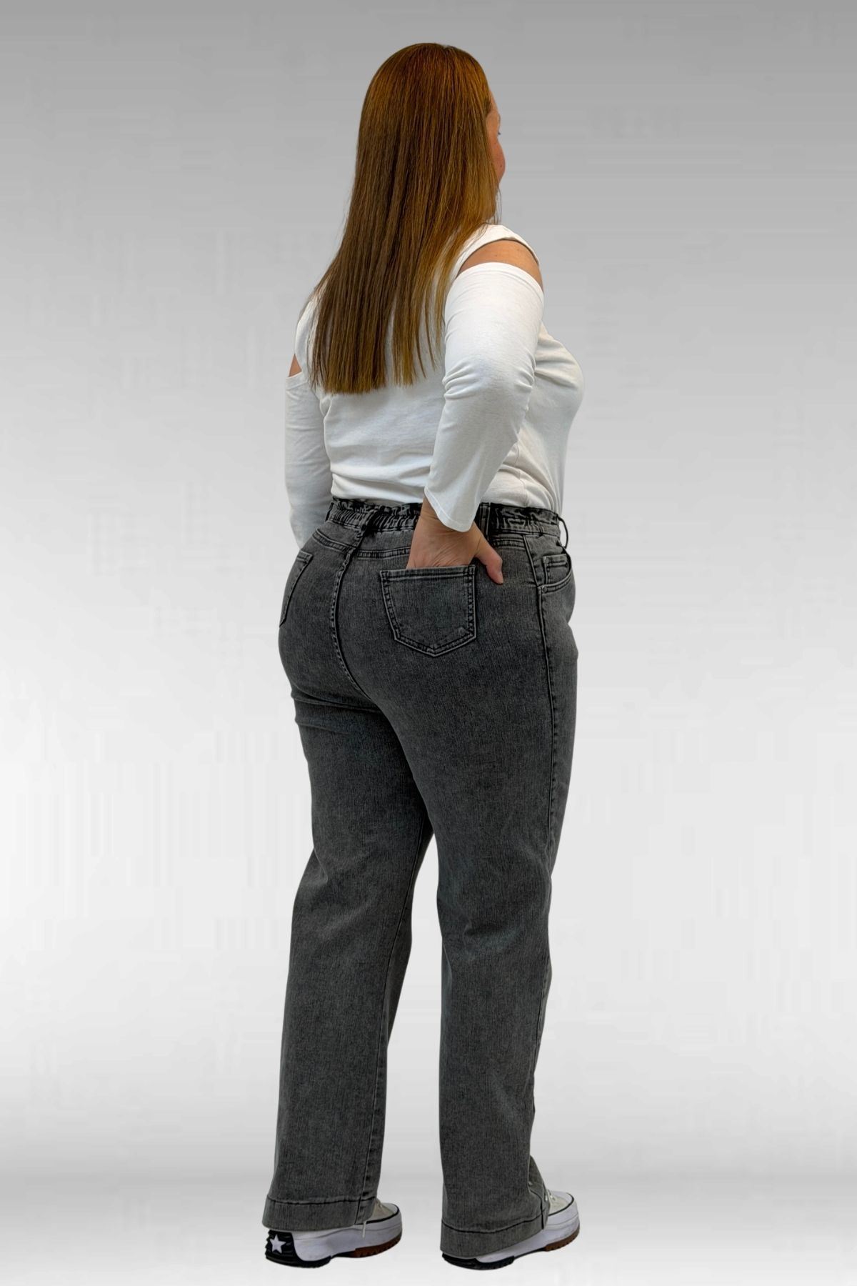 59024 Büyük Beden Paçasında Taş Detaylı Kot Pantolon - Antrasit