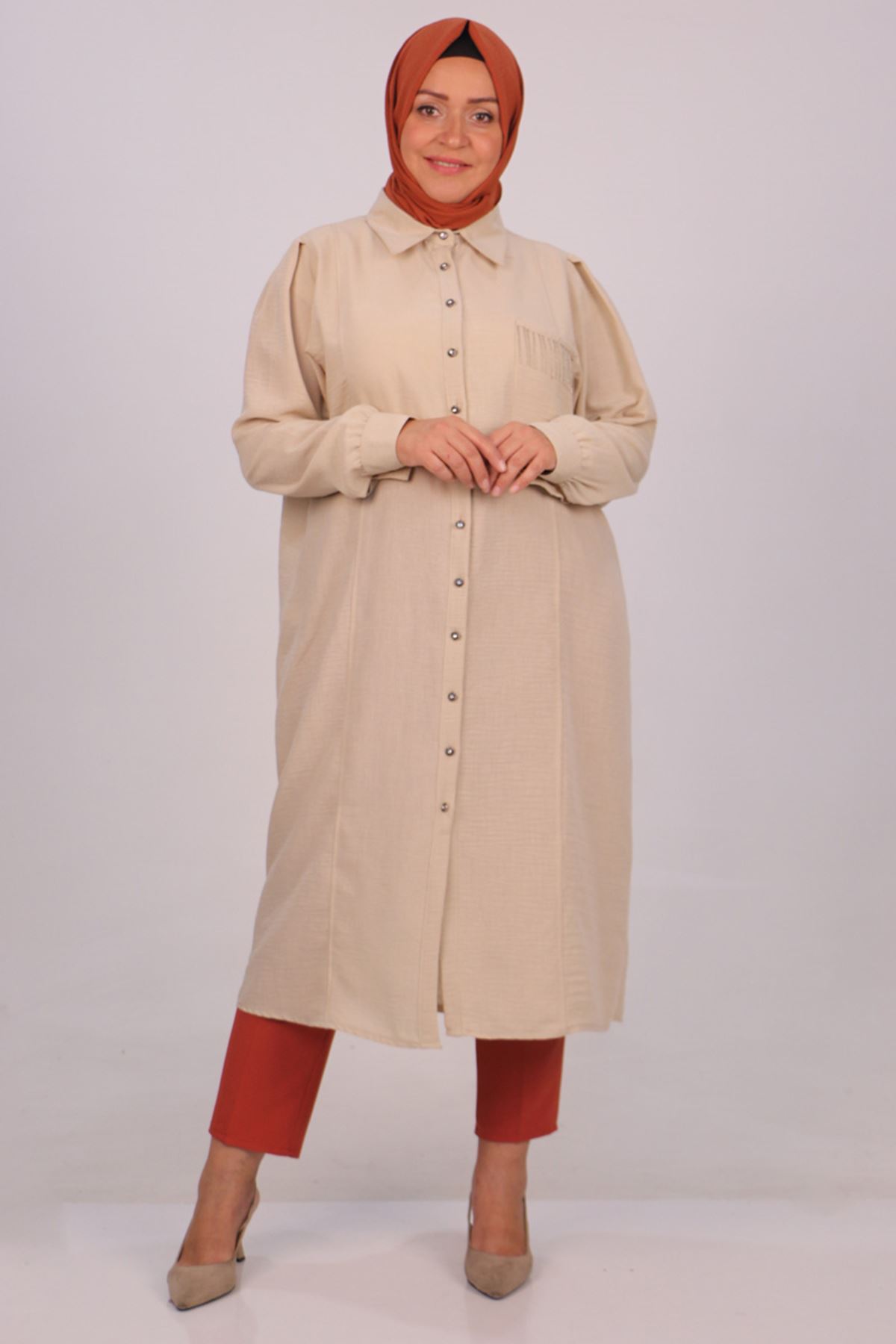 38099 Büyük Beden Cep Detaylı Keten Airobin Gömlek - Taş