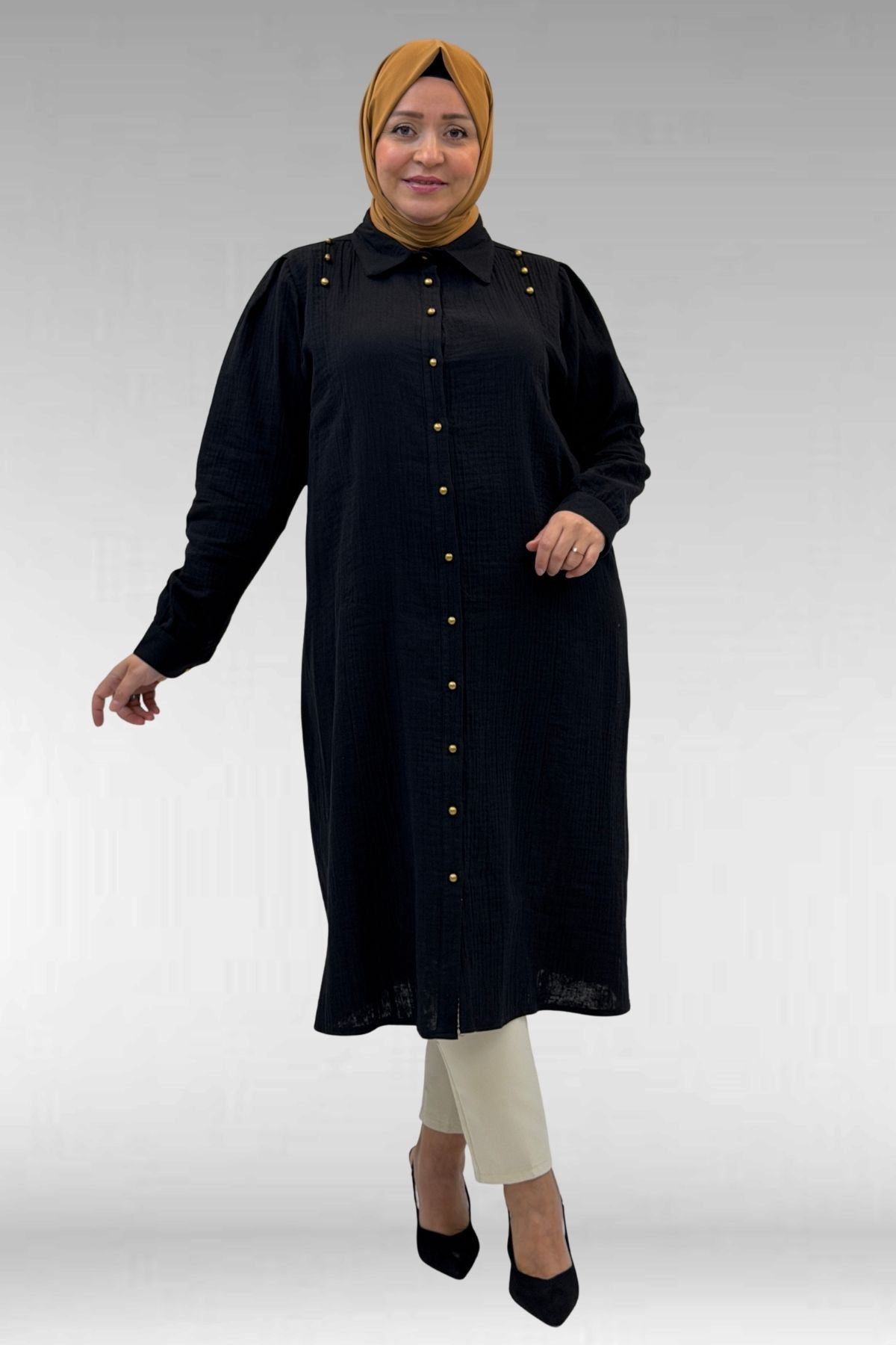 68021 Büyük Beden Düğme Detaylı Müslin Gömlek - Siyah