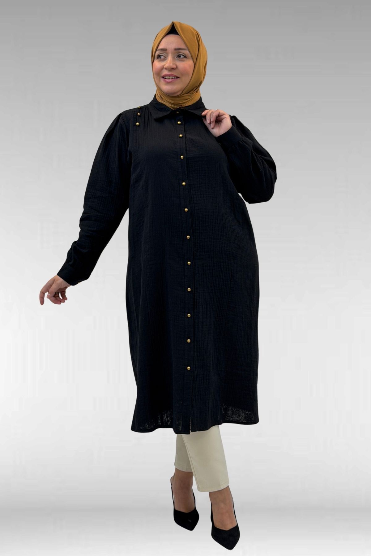 68021 Büyük Beden Düğme Detaylı Müslin Gömlek - Siyah