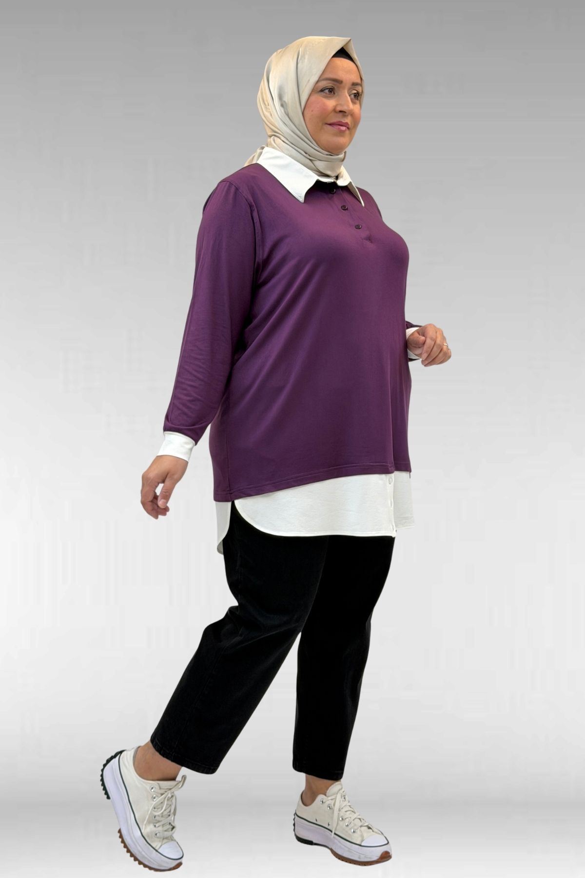 68028 Büyük Beden Kombinli -Manşetli Penye Tunik - Mürdüm