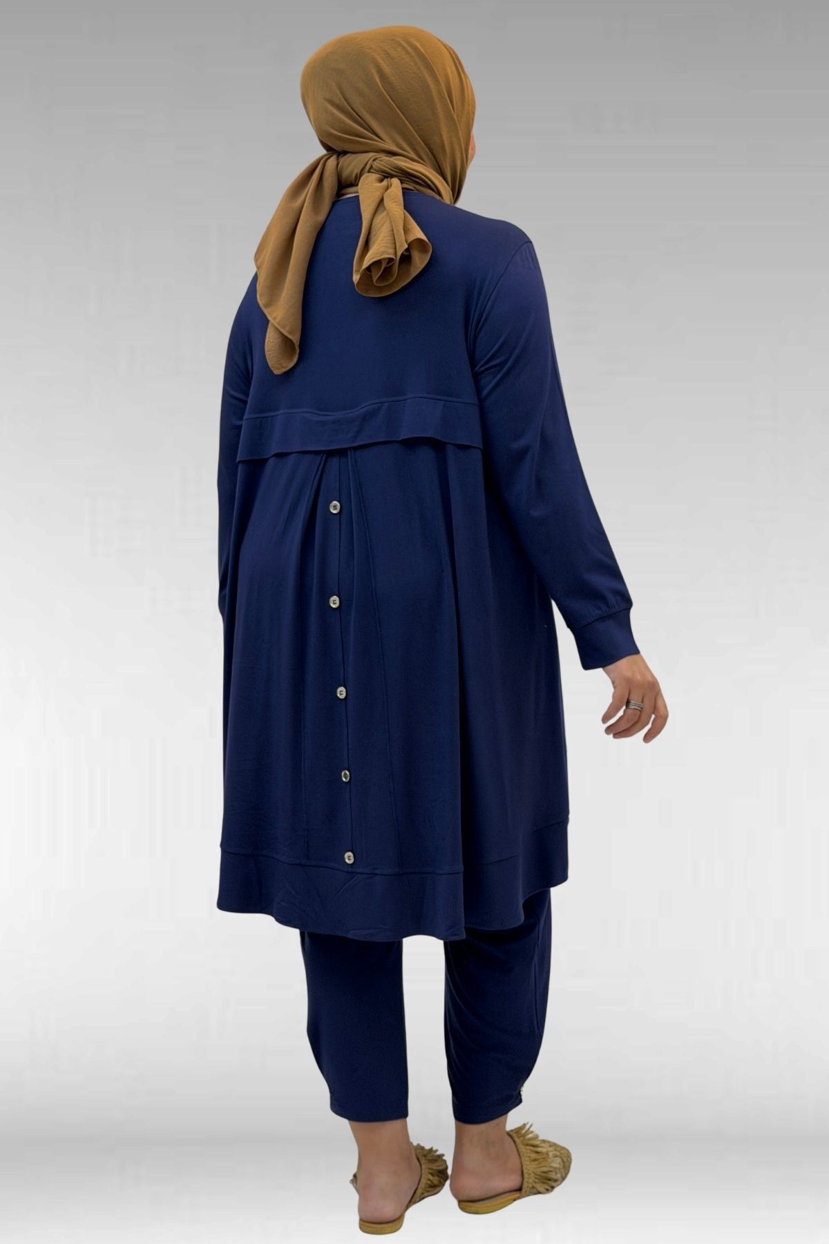 67041 Büyük Beden Düğme Detaylı Penye Pantolonlu Takım - İndigo