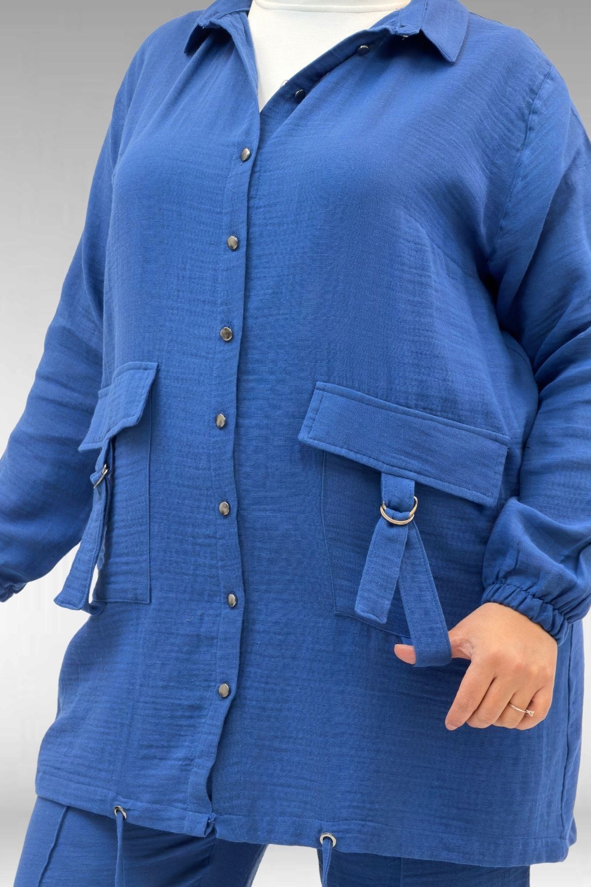 67015 Büyük Beden Cepleri D Toka Detaylı Müslin Pantolonlu Takım - İndigo