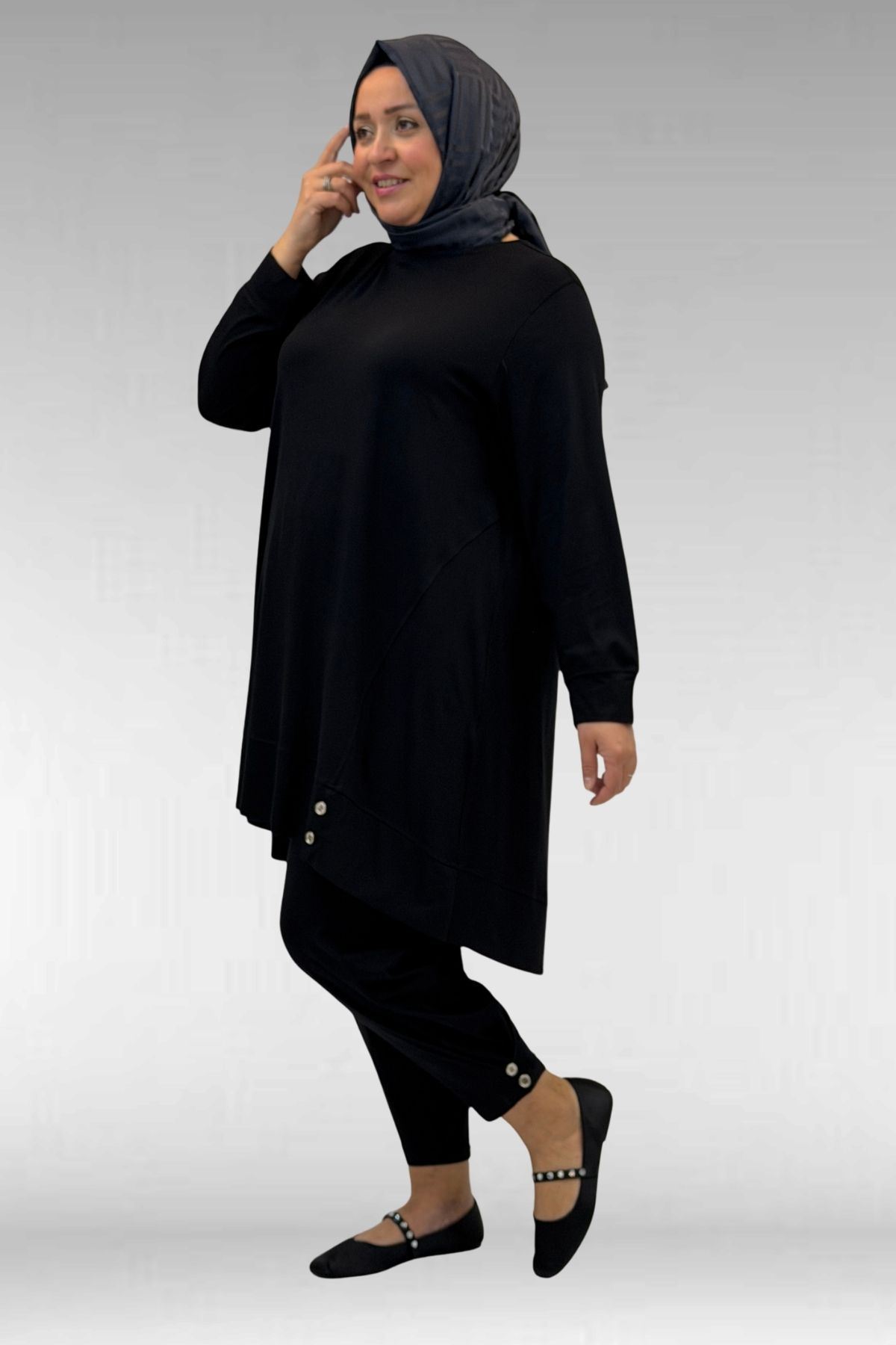 67041 Büyük Beden Düğme Detaylı Penye Pantolonlu Takım - Siyah