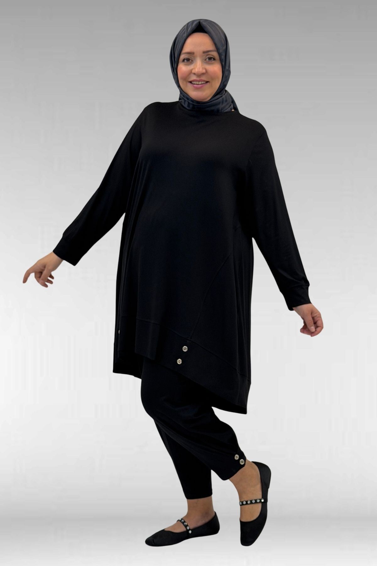 67041 Büyük Beden Düğme Detaylı Penye Pantolonlu Takım - Siyah