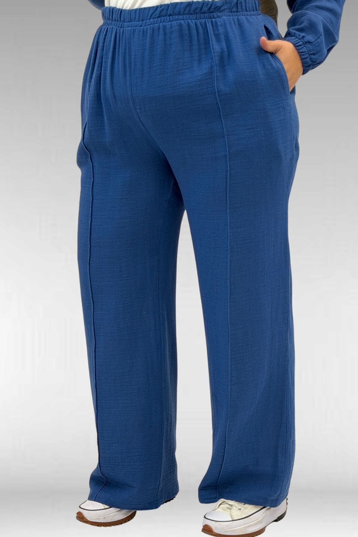 67015 Büyük Beden Cepleri D Toka Detaylı Müslin Pantolonlu Takım - İndigo