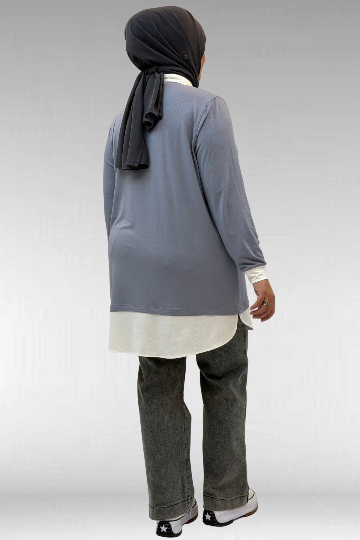 68028 Büyük Beden Kombinli -Manşetli Penye Tunik - Gri